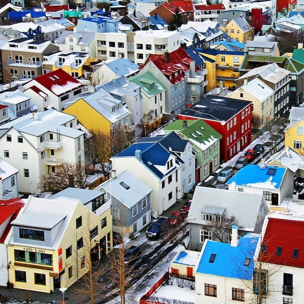 Icelandic village showing colourful houses