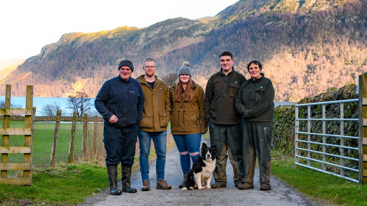 Glencoyne Farming Family portrait in the Lake District with sheepdog